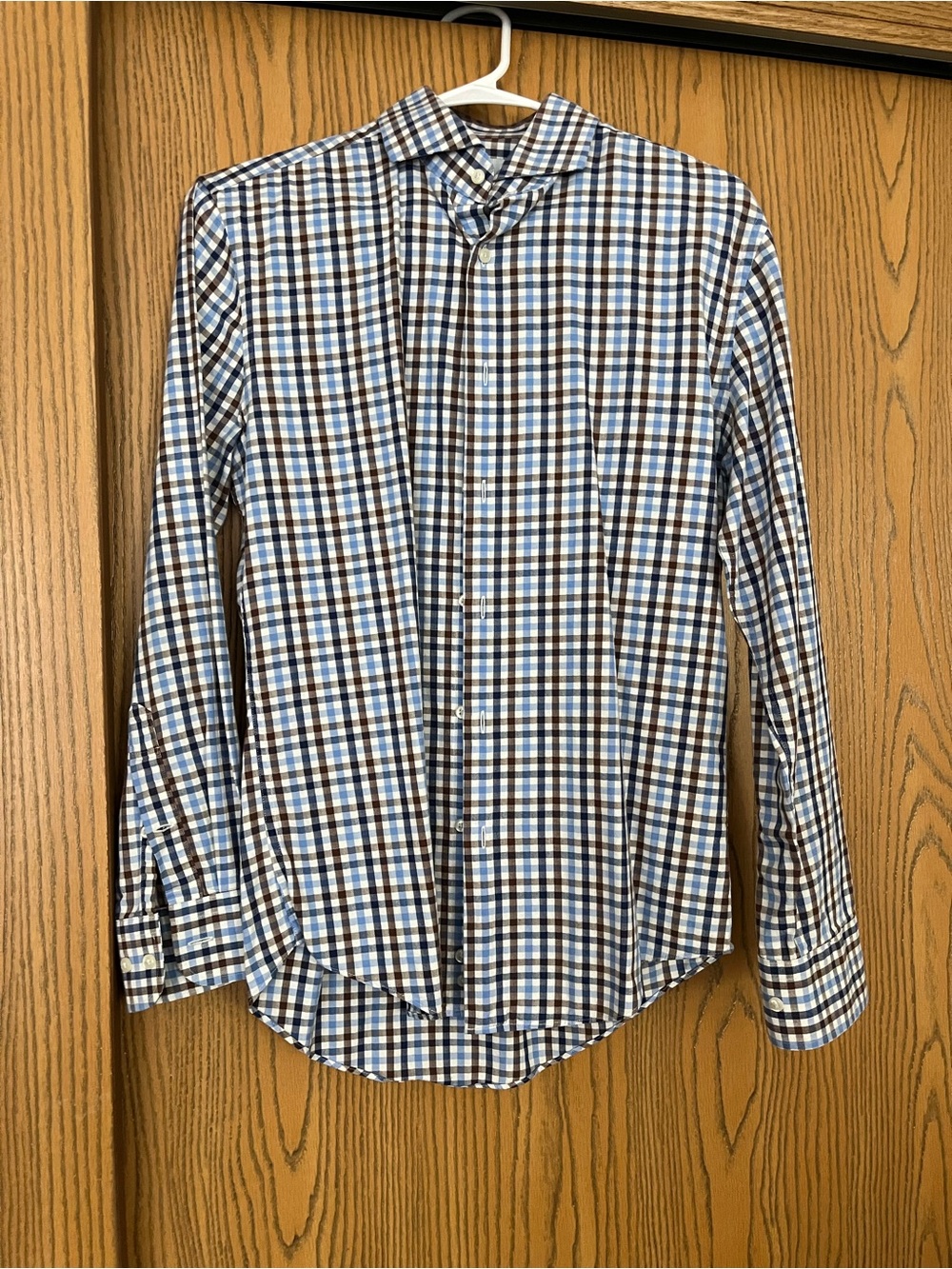 Men’s Nordstrom Rack blue brown white long sleeve button down dress shirt plaid